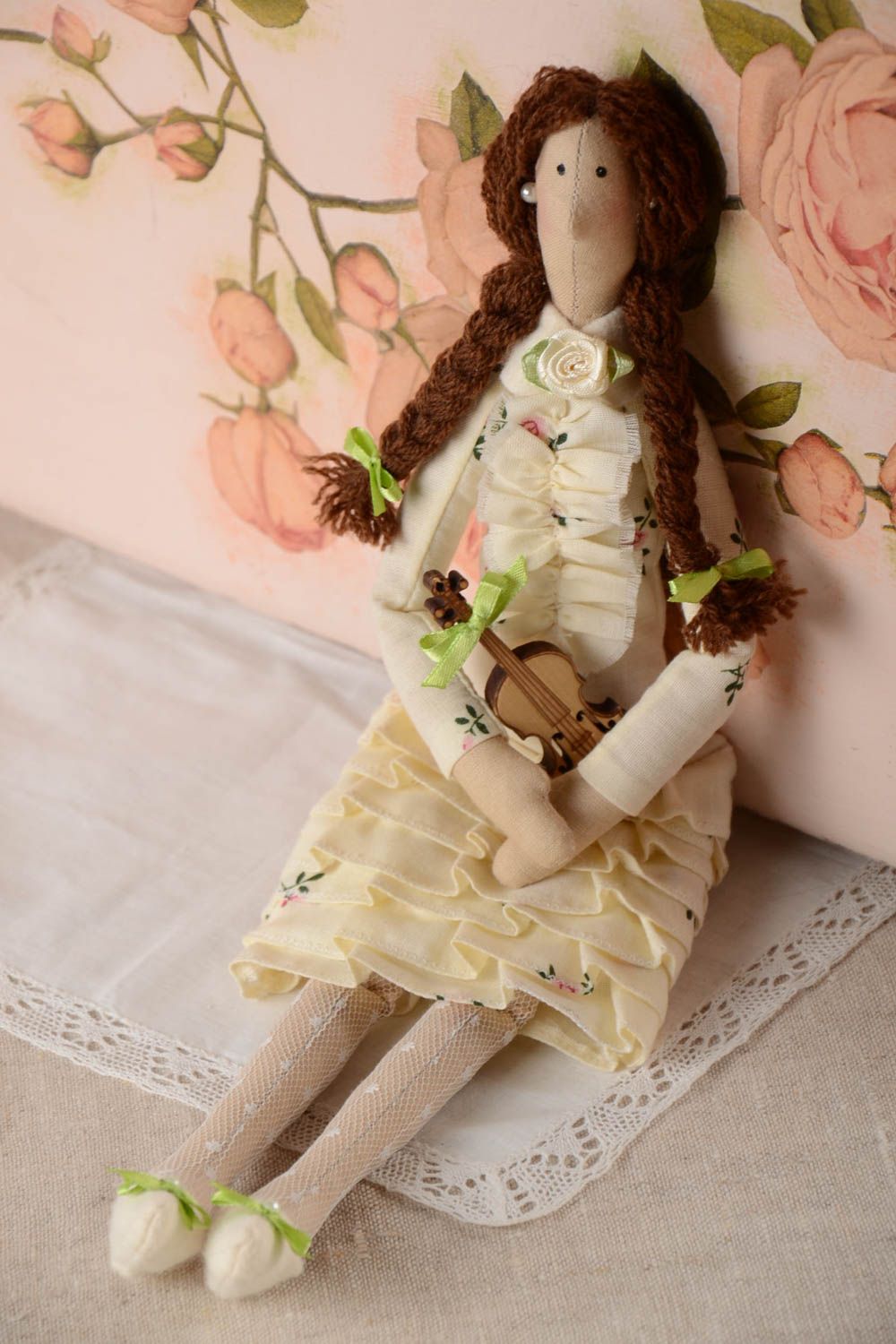 Авторская тканевая кукла из хлопка мягкая игрушка ручной работы Скрипачка фото 1