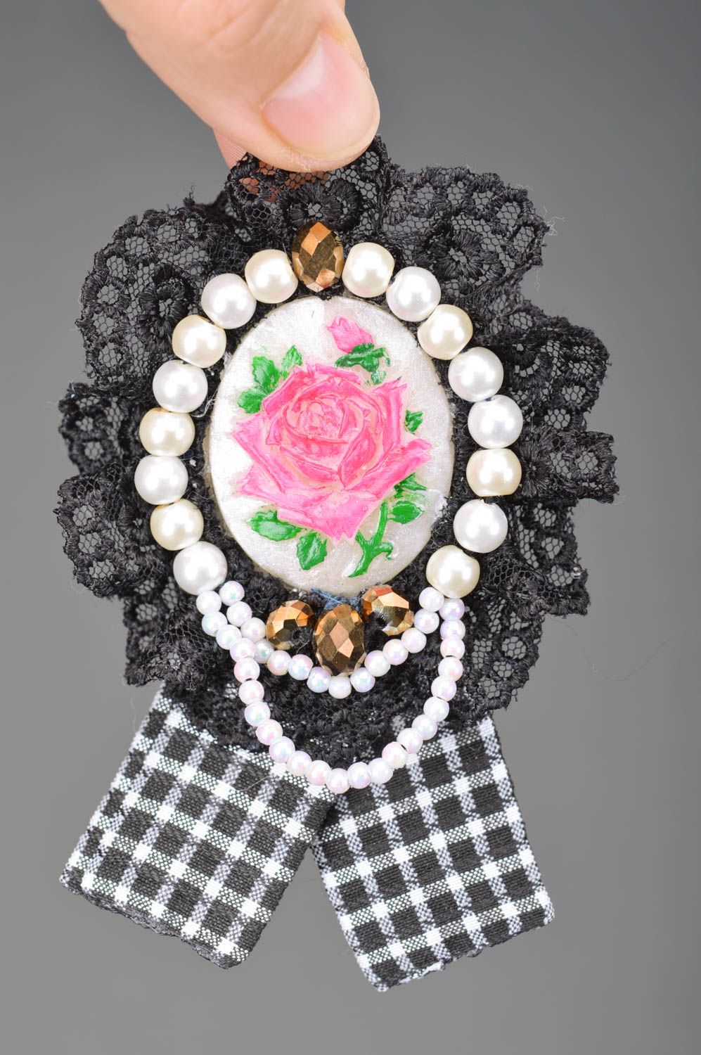 Handmade brooch with flower lace and beads black and white beautiful accessory photo 2