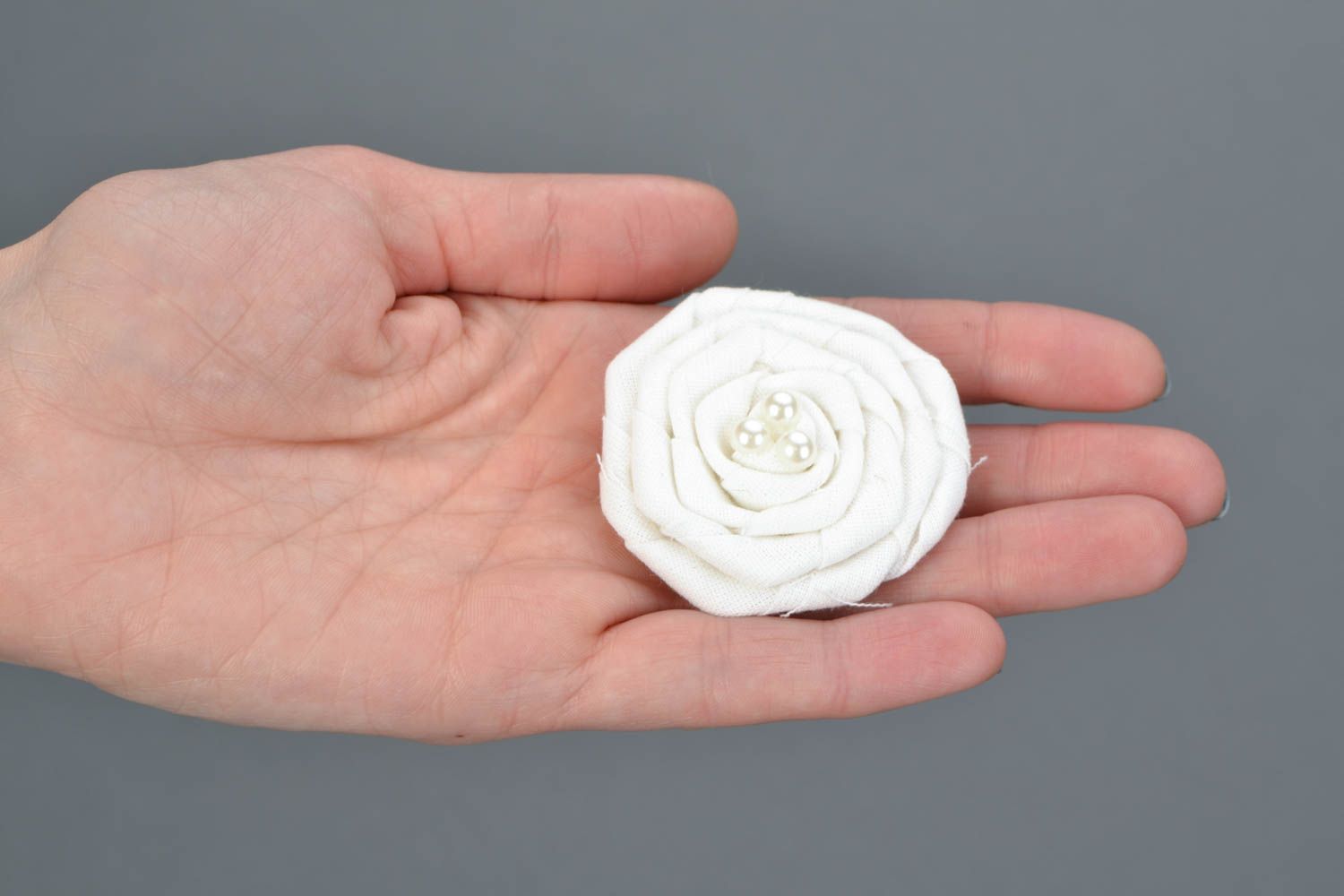 Handmade decorative cotton fabric white rose with beads for jewelry making photo 2
