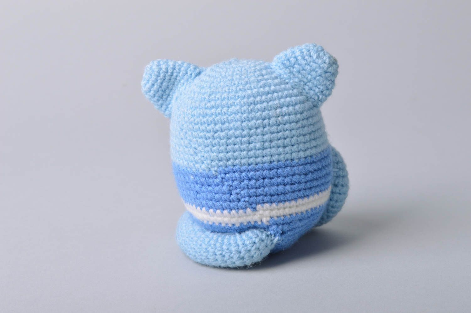 Handmade soft toy crocheted of semi cotton threads blue kitten for children photo 3