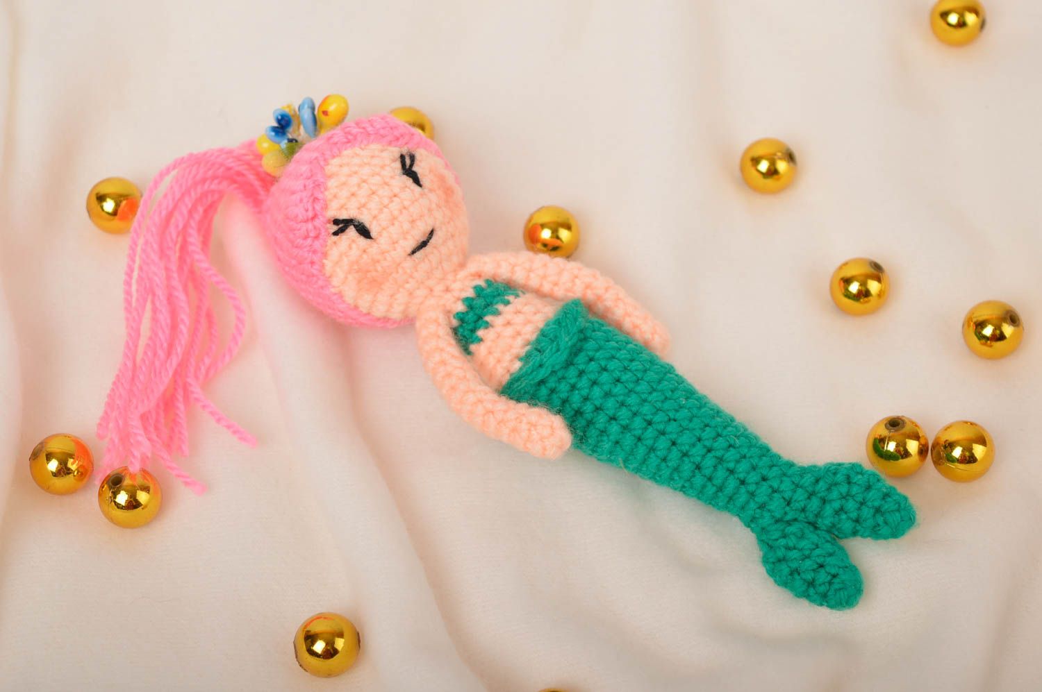 Little mermaid stuffed knitted toy in pink and green colors. 7 inches tall photo 1