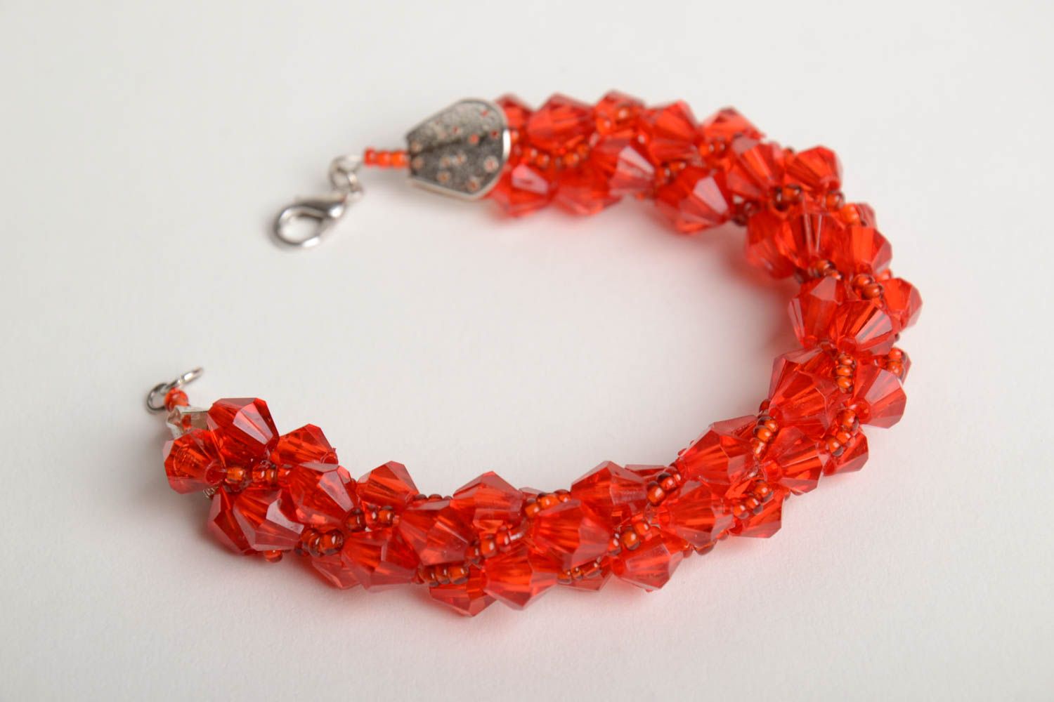 Handmade wrist bracelet crocheted of red Czech seed beads and faceted beads photo 3