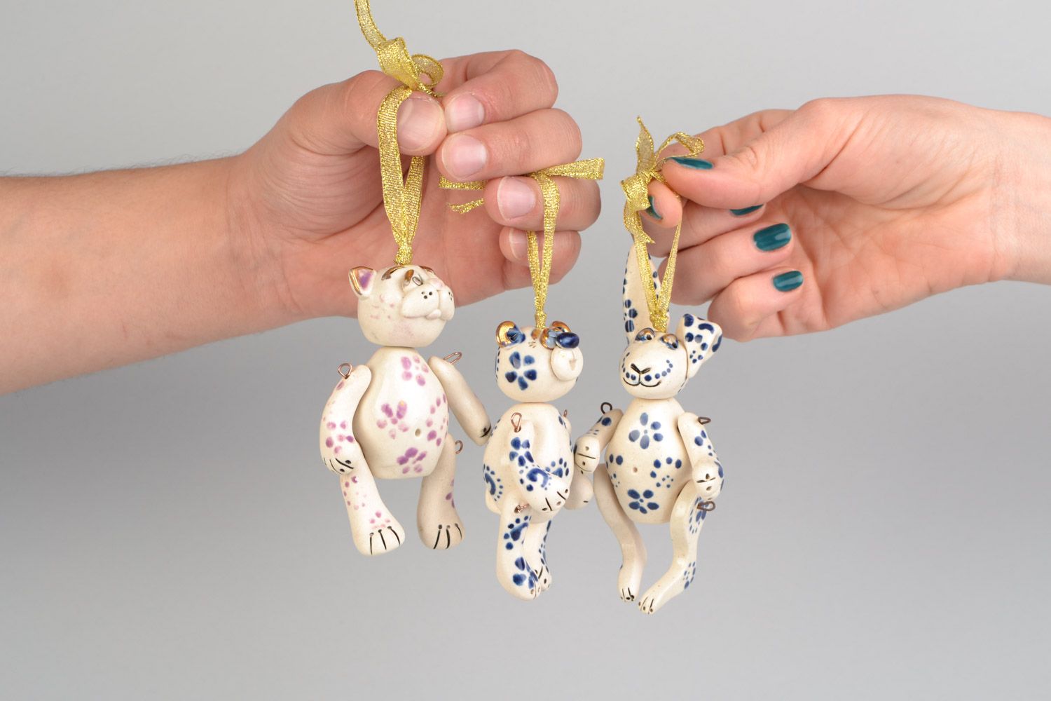 Set of 3 handmade ceramic wall hangings with ribbons bear rabbit and cat photo 2
