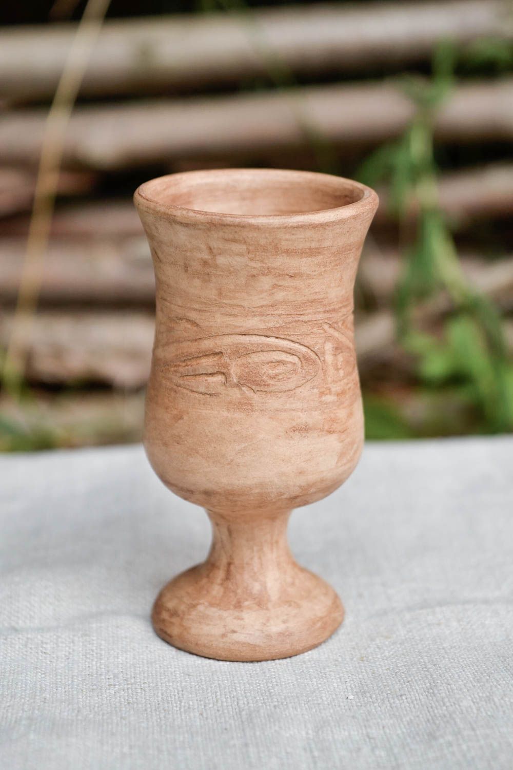 White clay handmade wine 3 oz goblet on stand with Greek-style pattern photo 1
