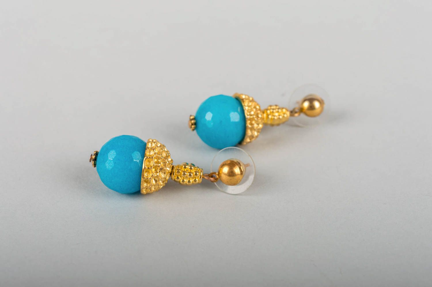 Handmade small neat latten earrings with blue quartz beads photo 5
