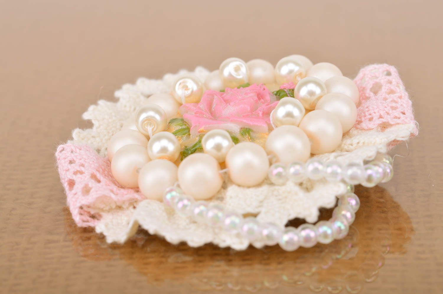 Handmade fancy small brooch with lace beads and cameo with white flower  photo 2