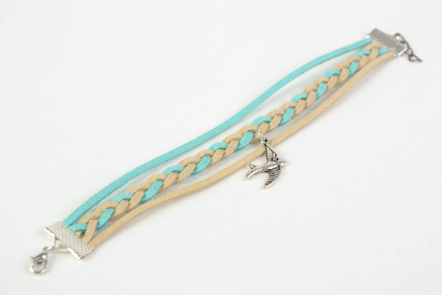 Beautiful handmade woven suede cord bracelet of pastel colors with bird charm photo 5