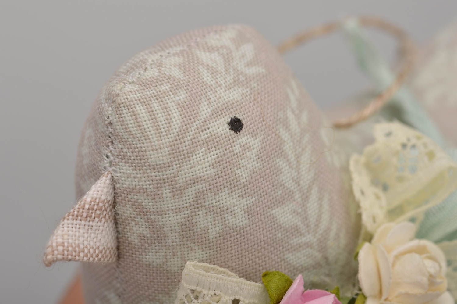 Small handmade designer fabric soft toy interior hanging with lace Bird photo 5