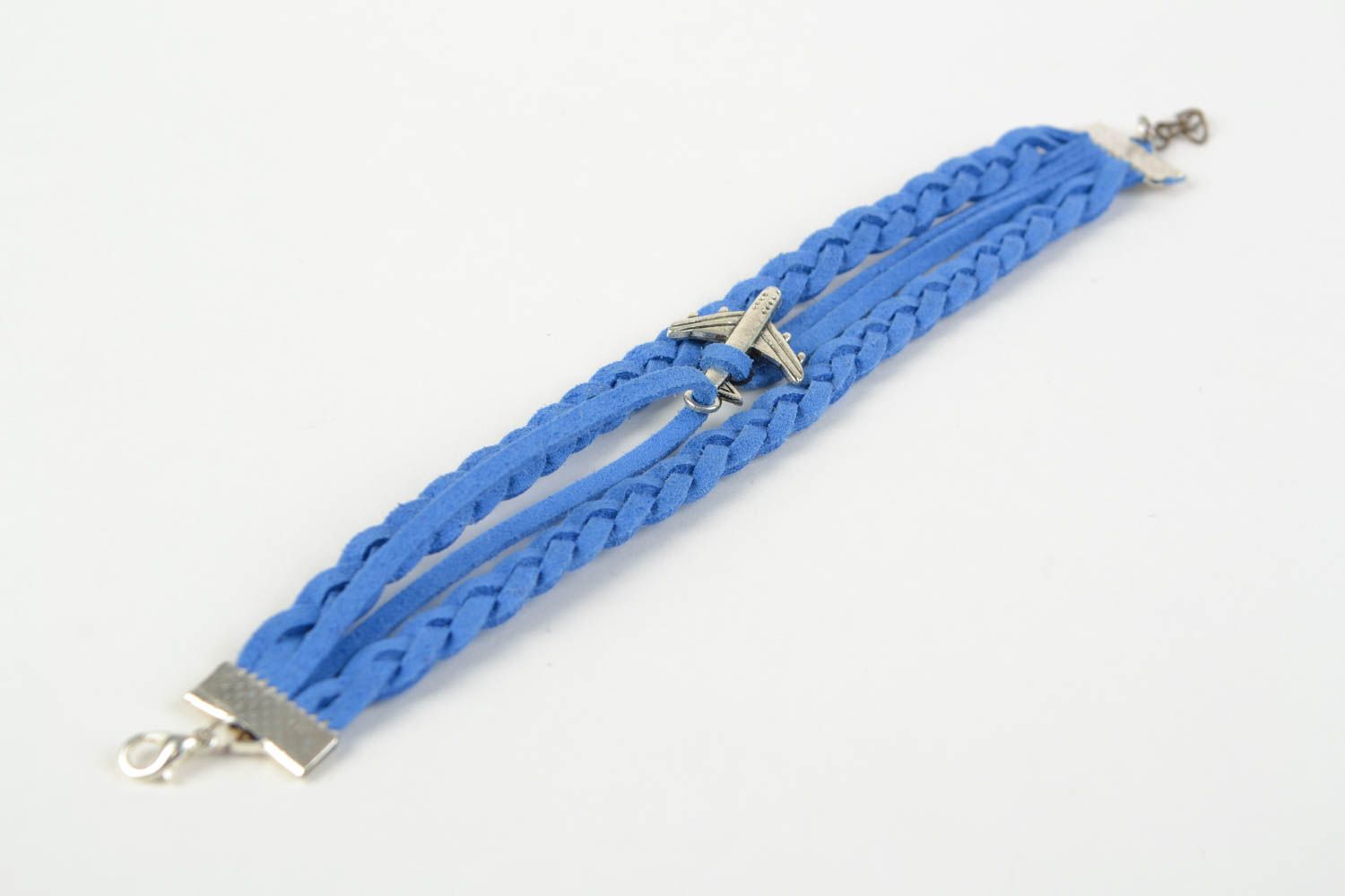 Bright blue handmade woven suede bracelet with charm in the shape of plane photo 5