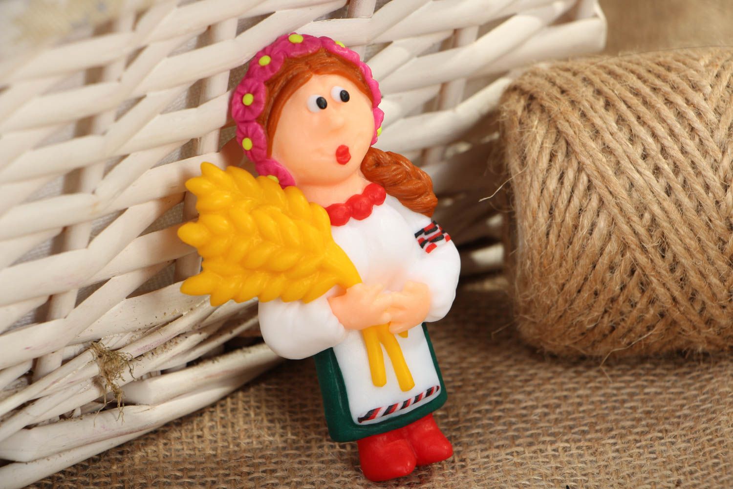 Unusual polymer clay fridge magnet Ukrainian Girl with Wheat photo 5
