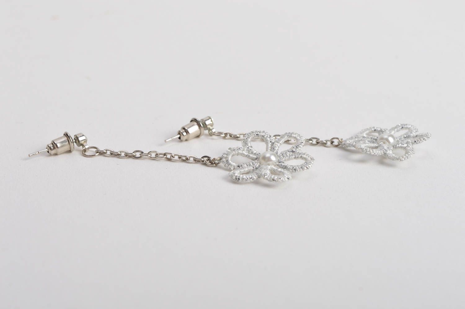 Beautiful neat white handmade designer tatting earrings with chains and flowers photo 4