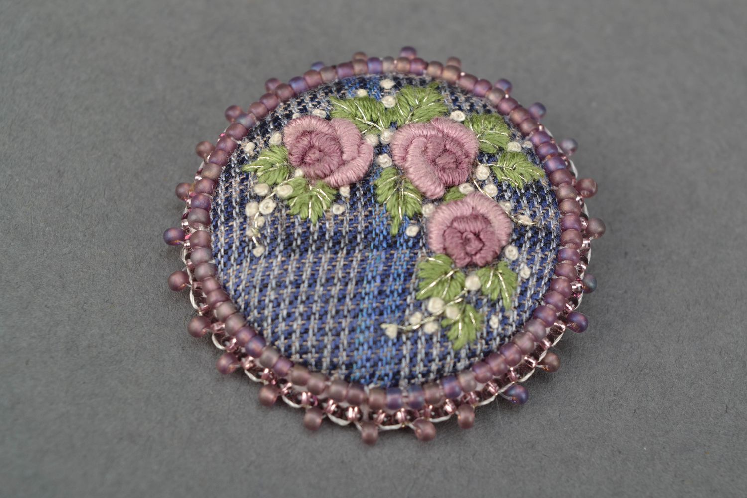 Handmade satin stitch embroidered brooch Roses on Blue Background photo 4