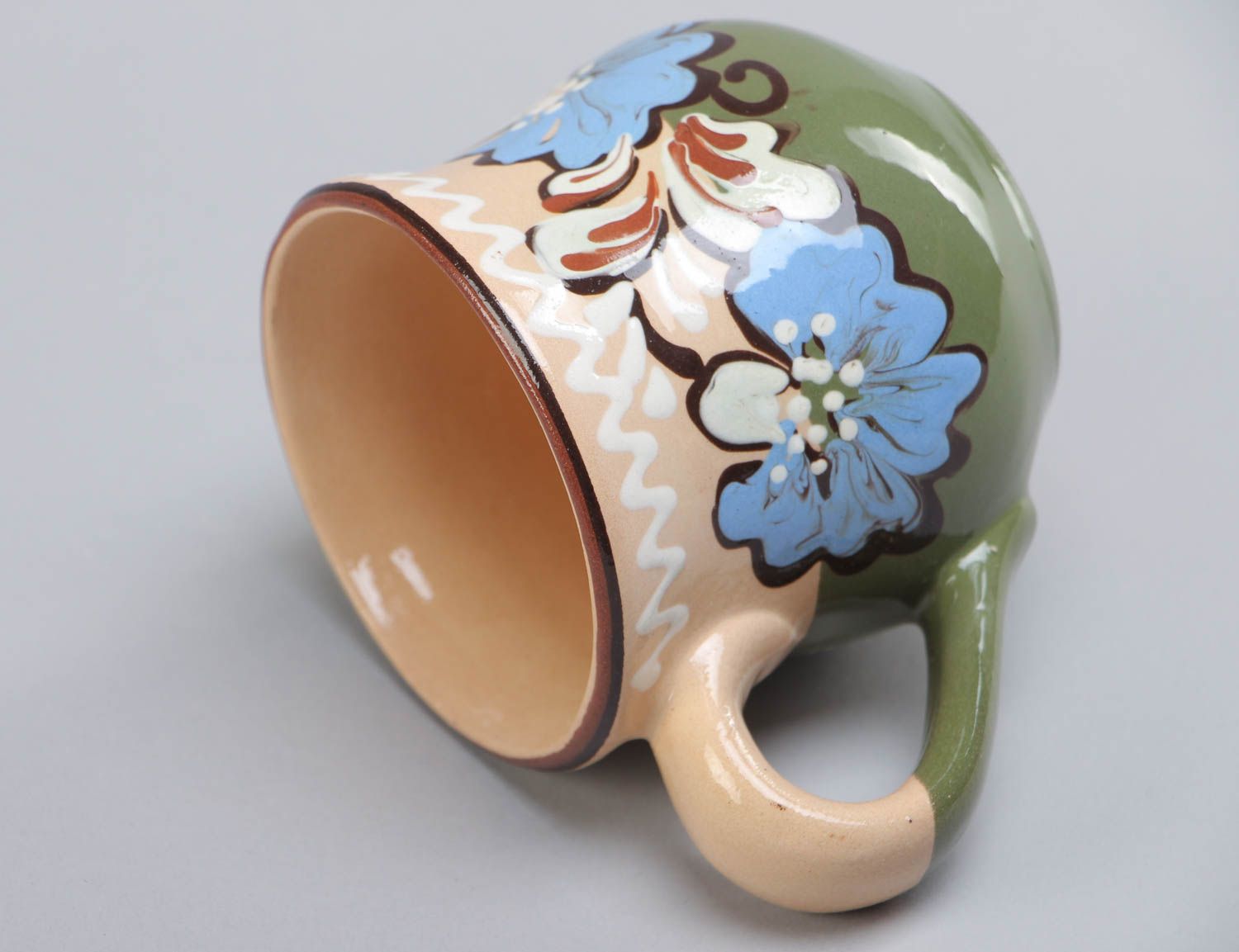 Clay glazed decorative coffee mug with blue flowers with handle 6 oz photo 4