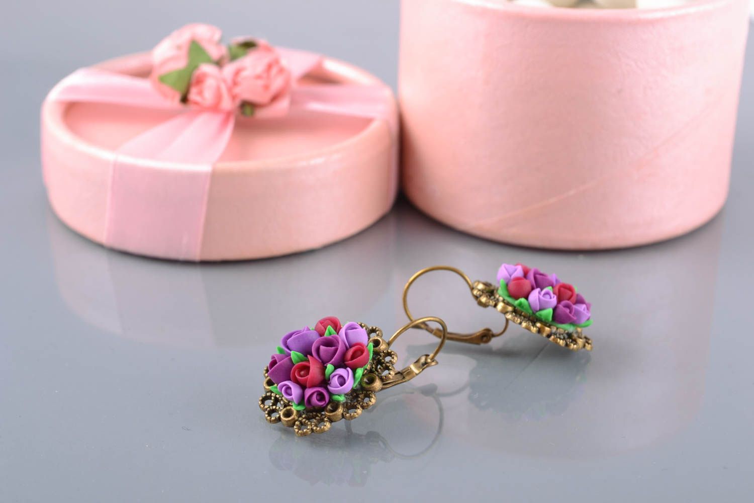 Floral earrings made of polymer clay and metal photo 1