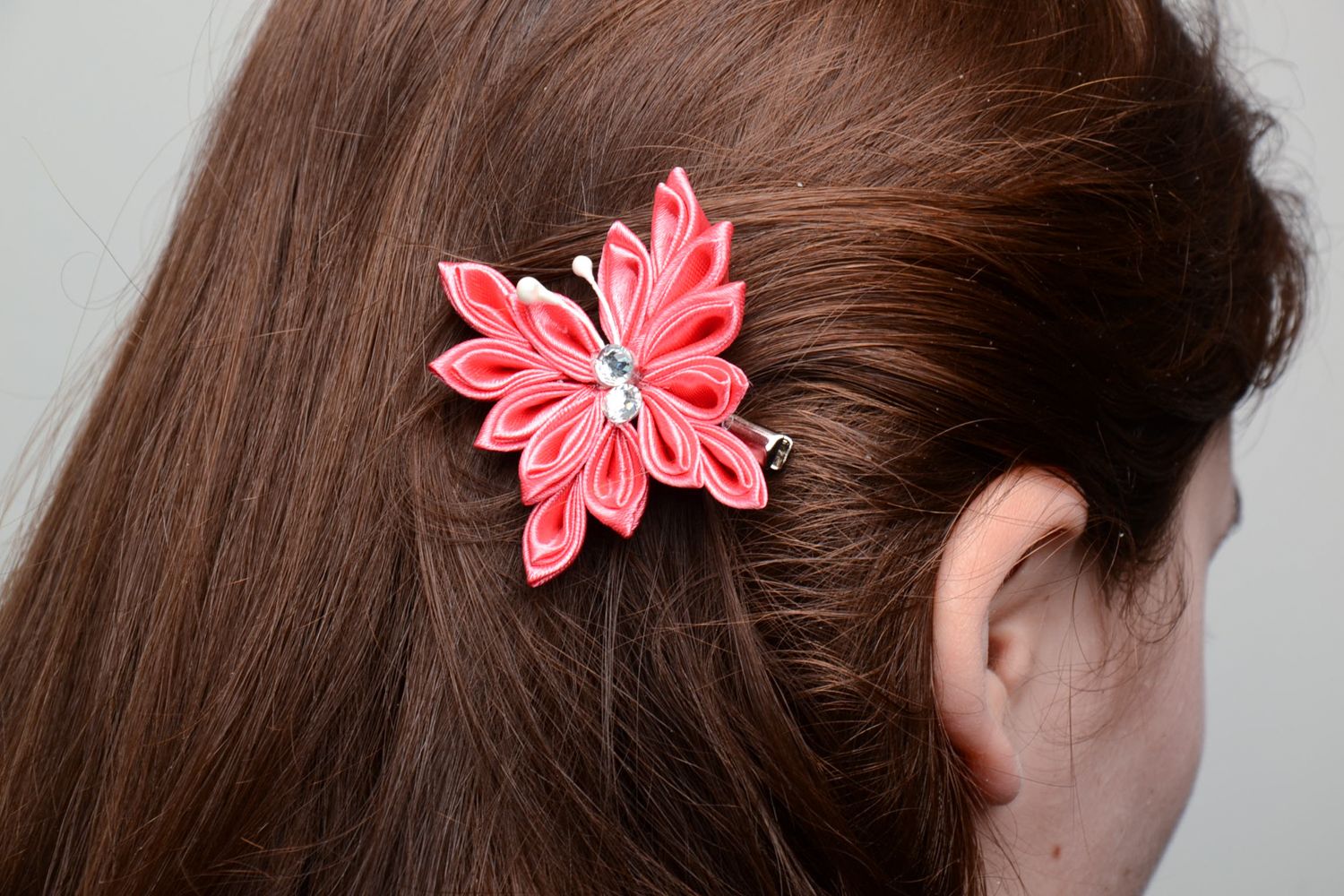 Pince à cheveux papillon corail en ruban de satin fait main kanzashi pour fille photo 5