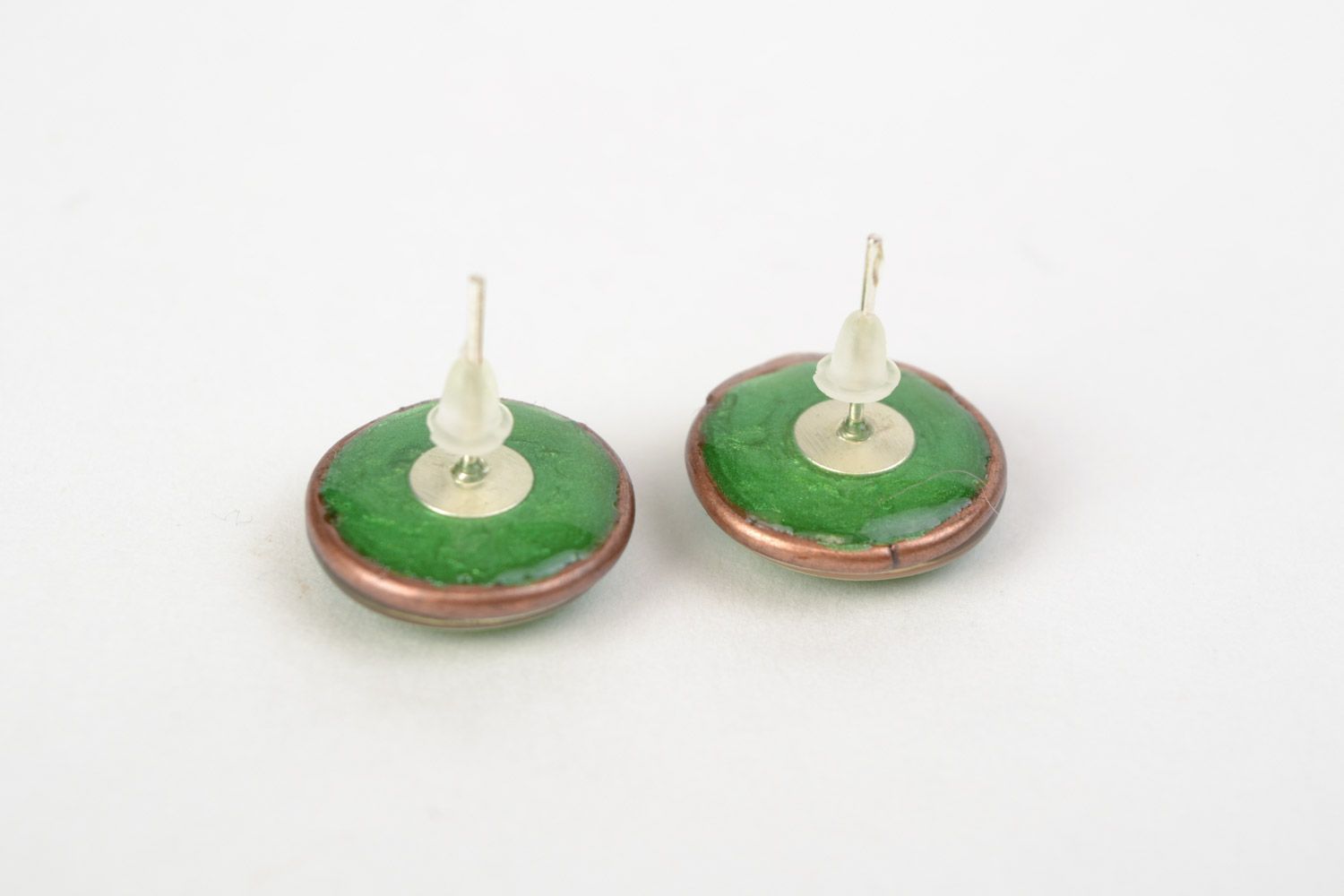Handmade small epoxy resin stud earrings of round shape and green color photo 4