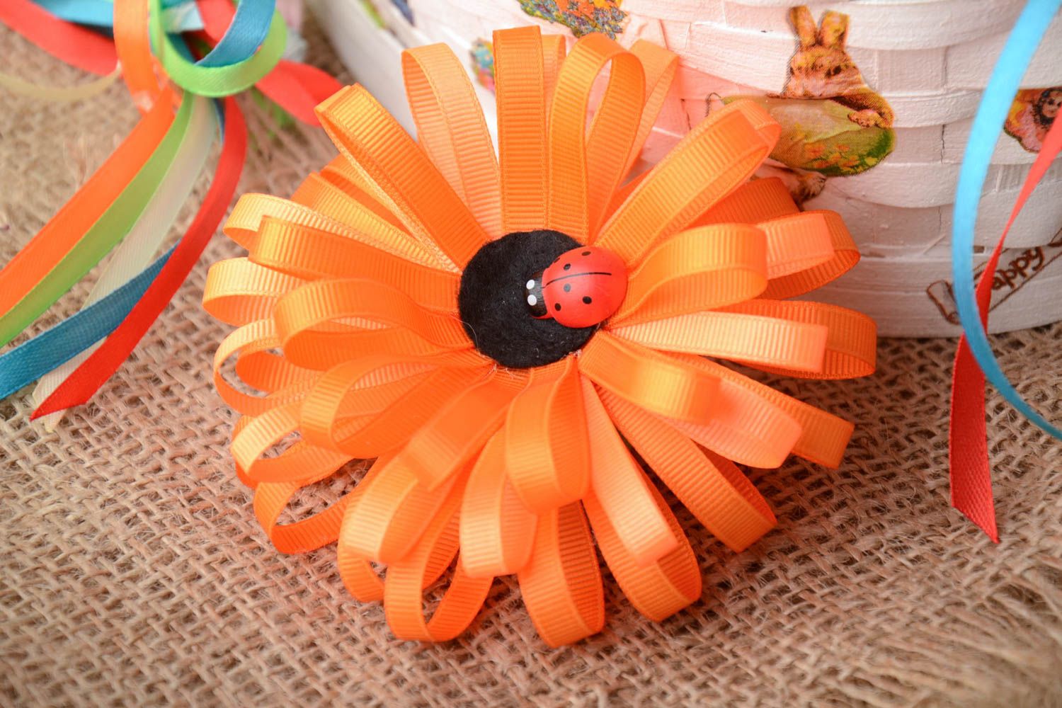 Handmade decorative orange elastic hair band with large volume rep ribbon flower photo 1