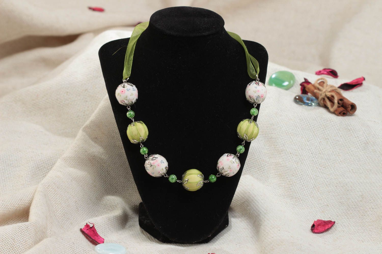 Green handmade children's textile ball necklace with organza ribbon  photo 1