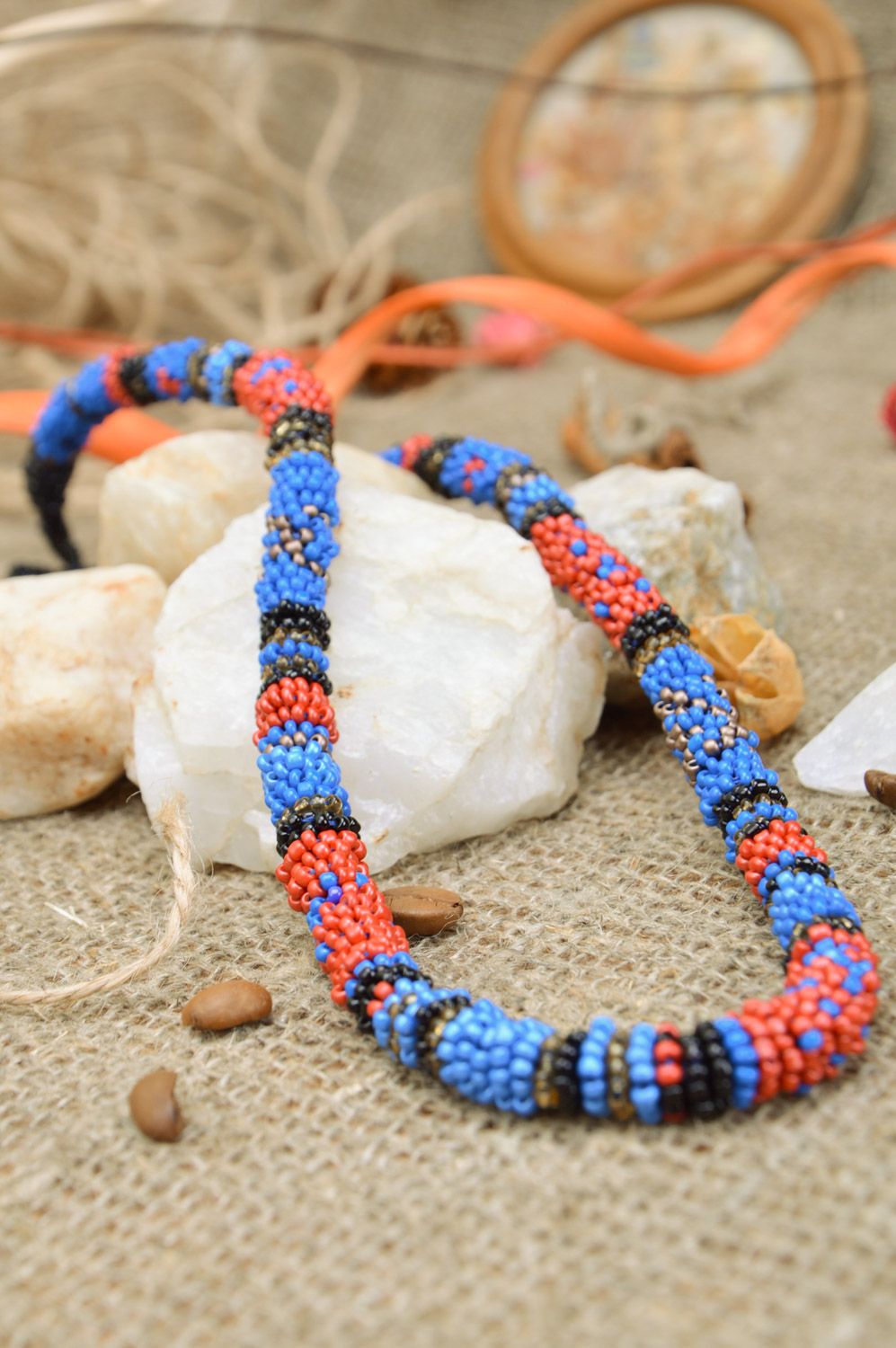 Motley long handmade woven Czech bead cord necklace in ethnic style photo 1