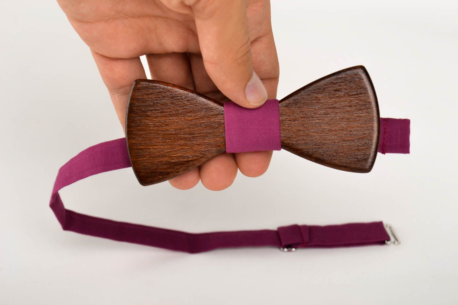 Corbata de lazo de madera artesanal pajarita moderna burdeos accesorio unisex foto 5