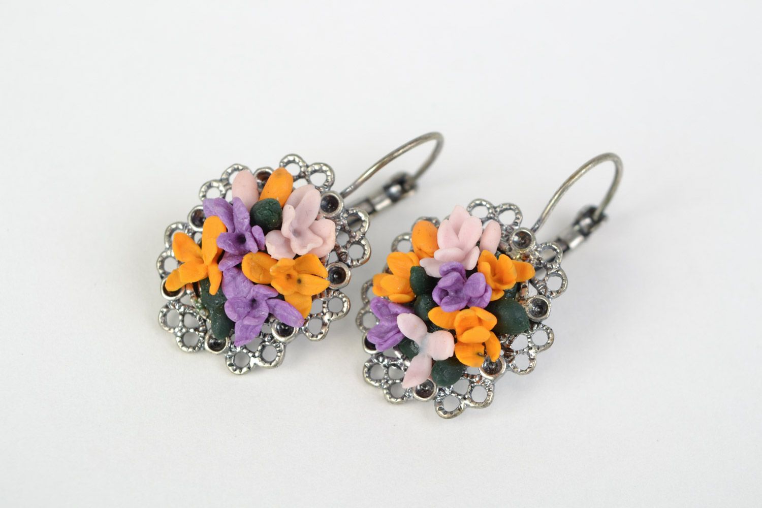Handmade bright colorful floral cold porcelain dangling earrings for girls photo 3