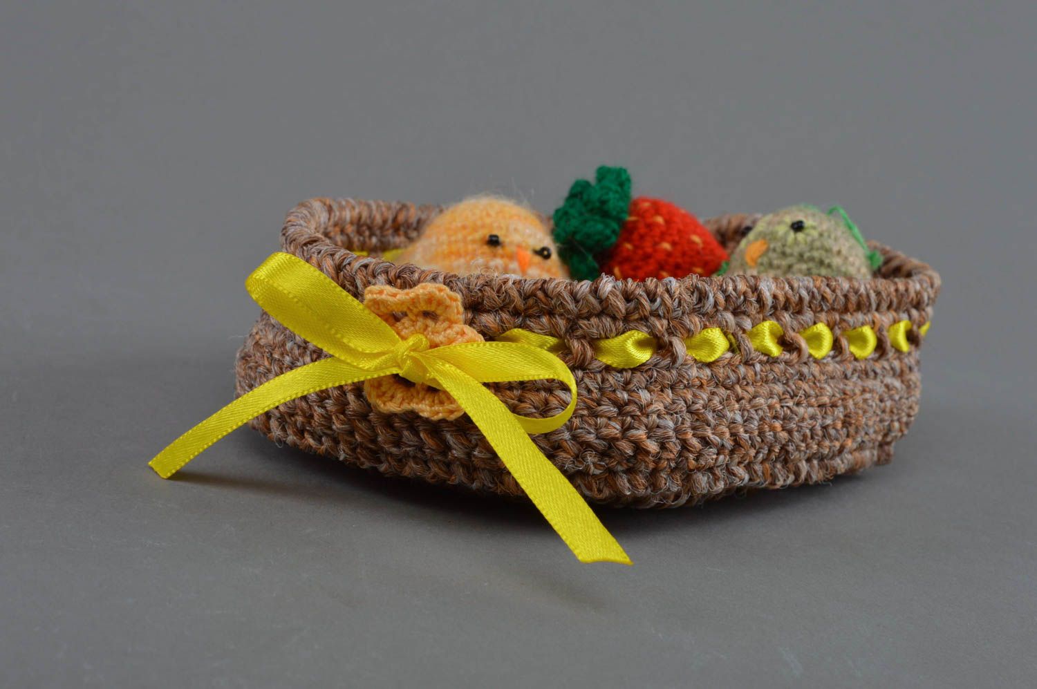 Handmade brown synthetic crocheted toy in the form of basket home decor photo 1