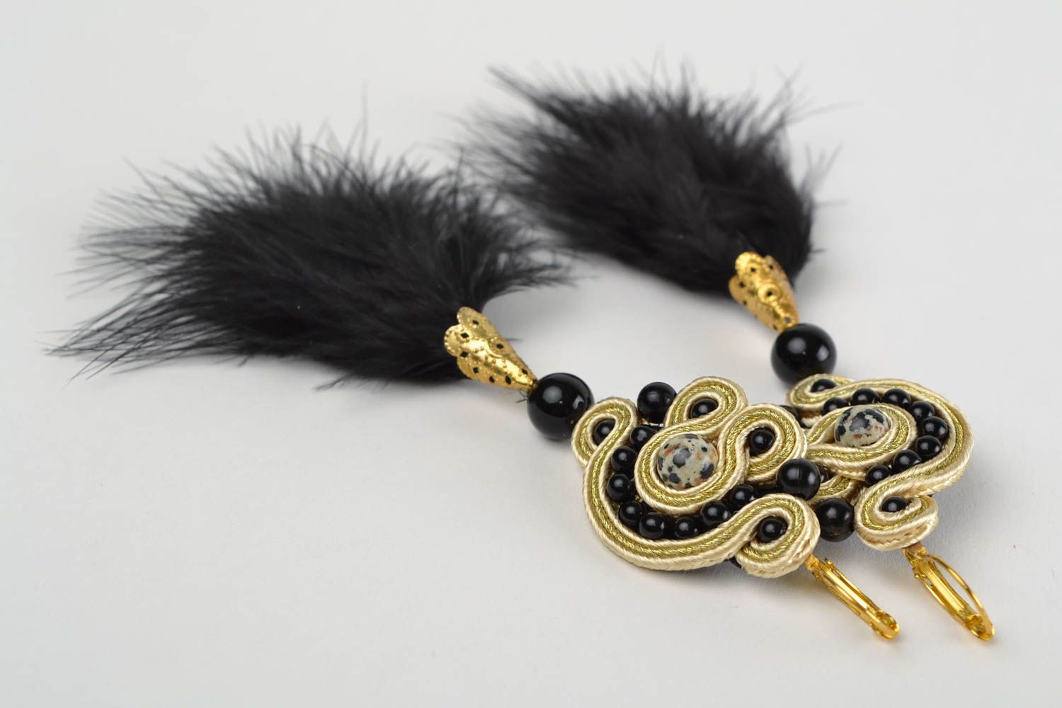 Handmade designer long soutache earrings with natural stones and feathers photo 4