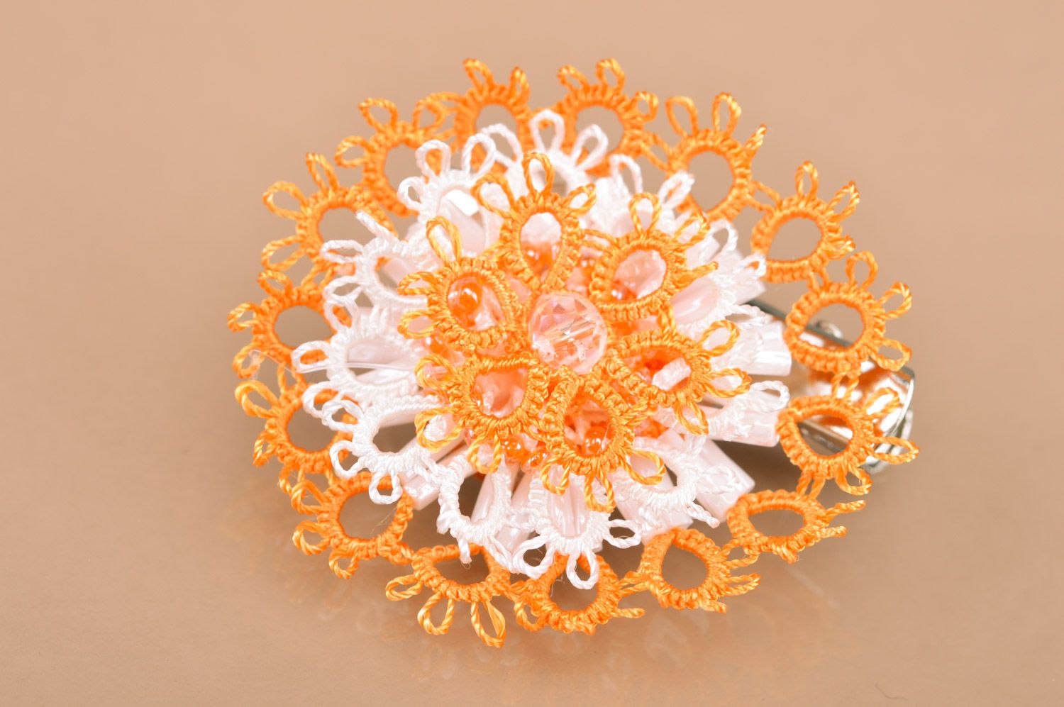 Orange and white handmade woven thread brooch hair clip with double fastening photo 2