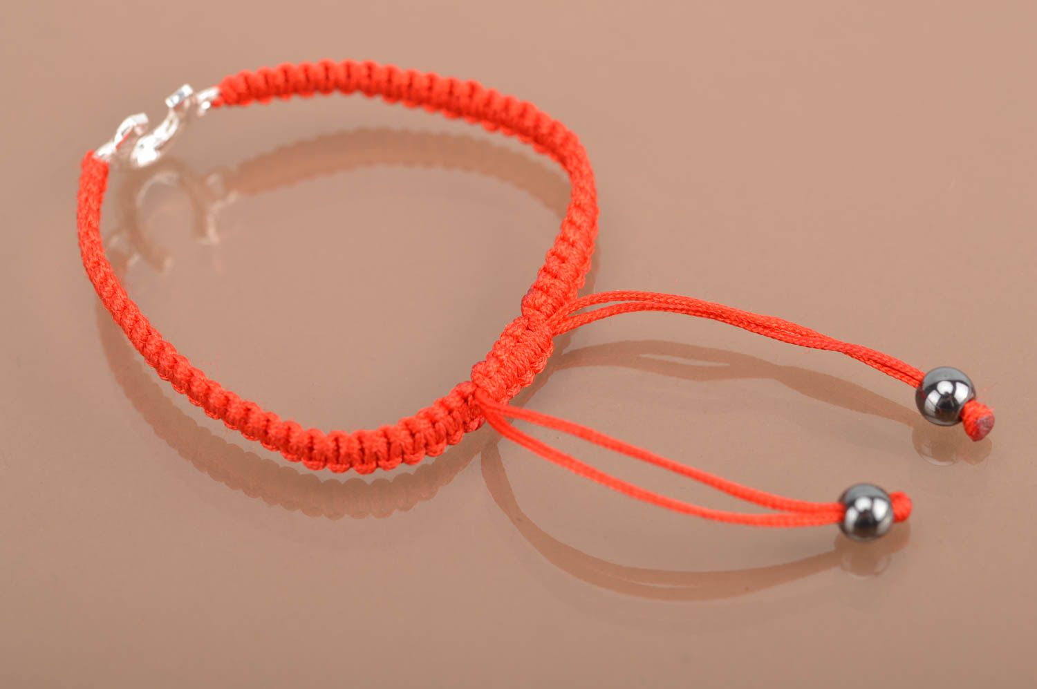 Red silk thread bracelet with horseshoe thin braided handmade accessory photo 10