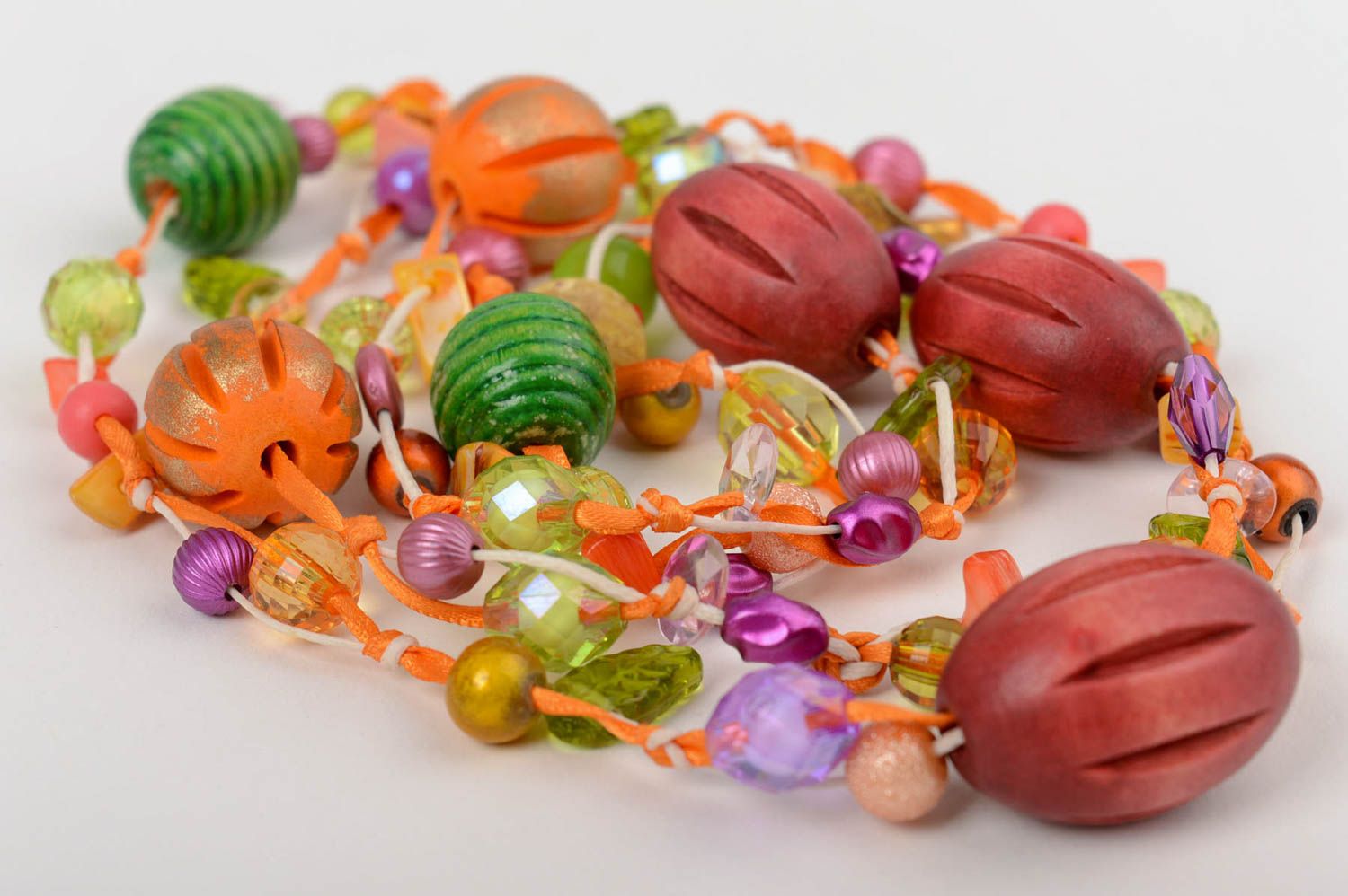 Handmade long designer necklace with colorful wooden and plastic beads photo 5
