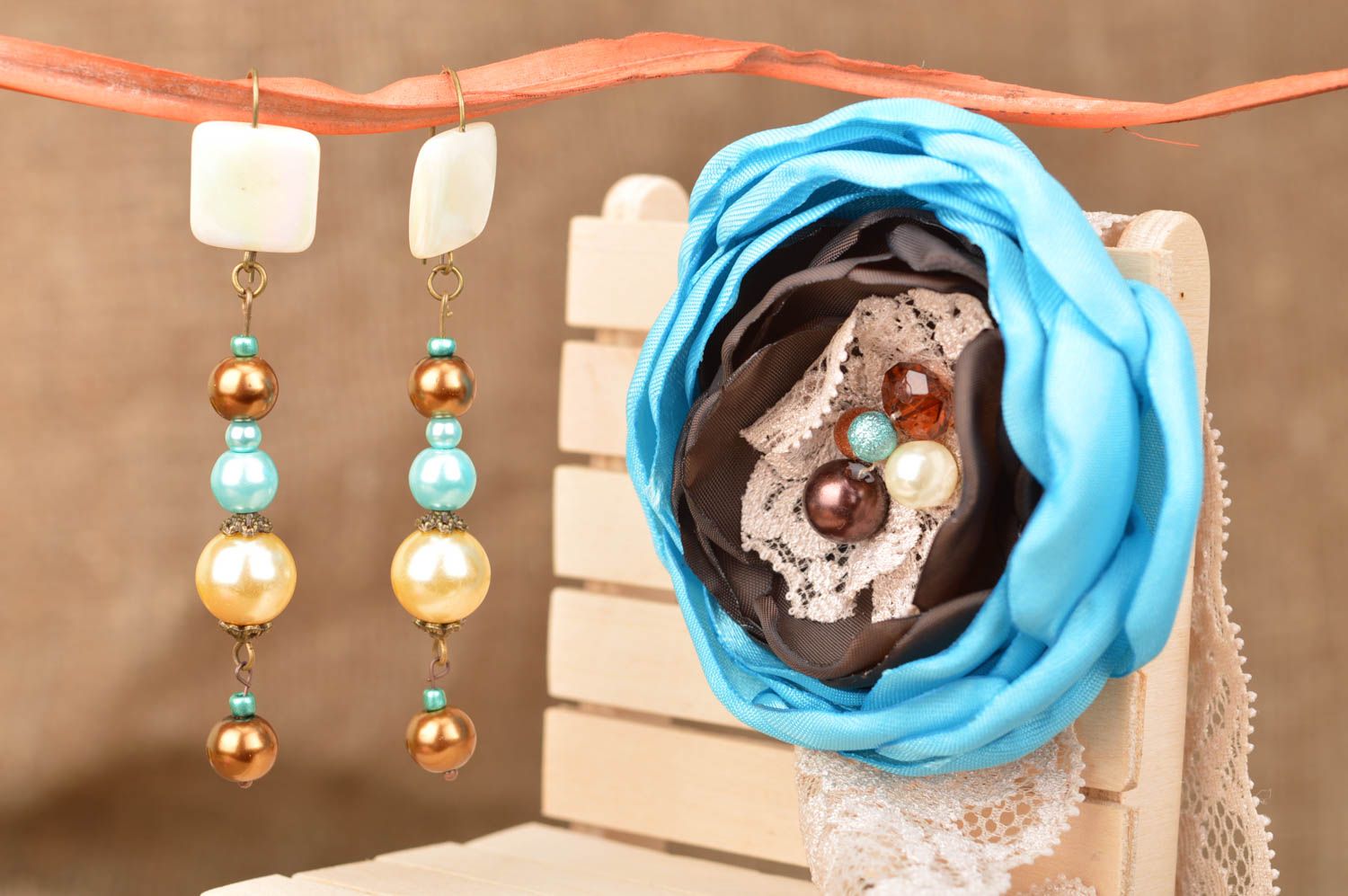 Boucles d'oreilles et bandeau cheveux bleu brun faits main accessoires cadeau photo 1