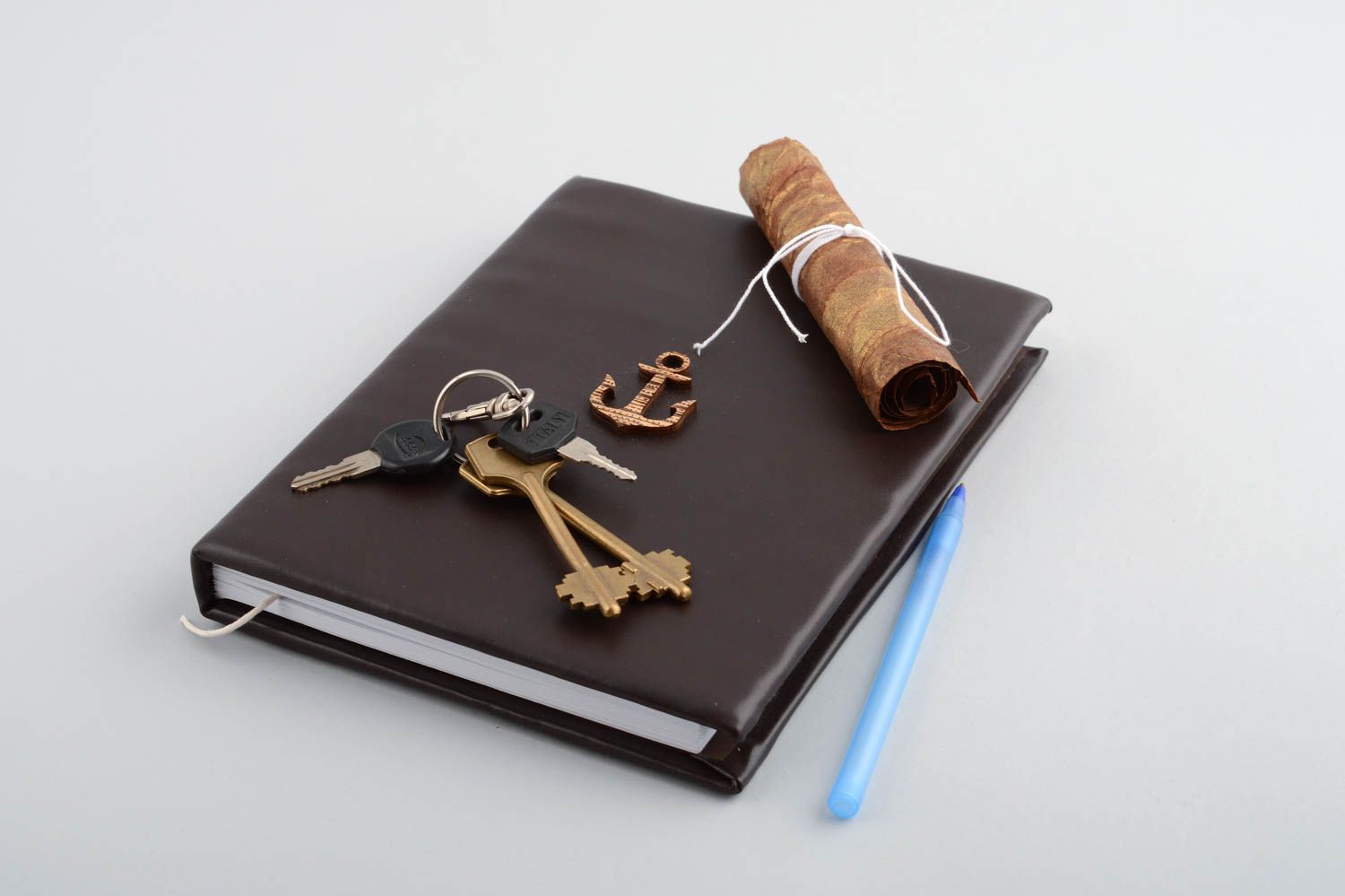 Handmade beautiful dark designer notebook with leather cover and anchor photo 1
