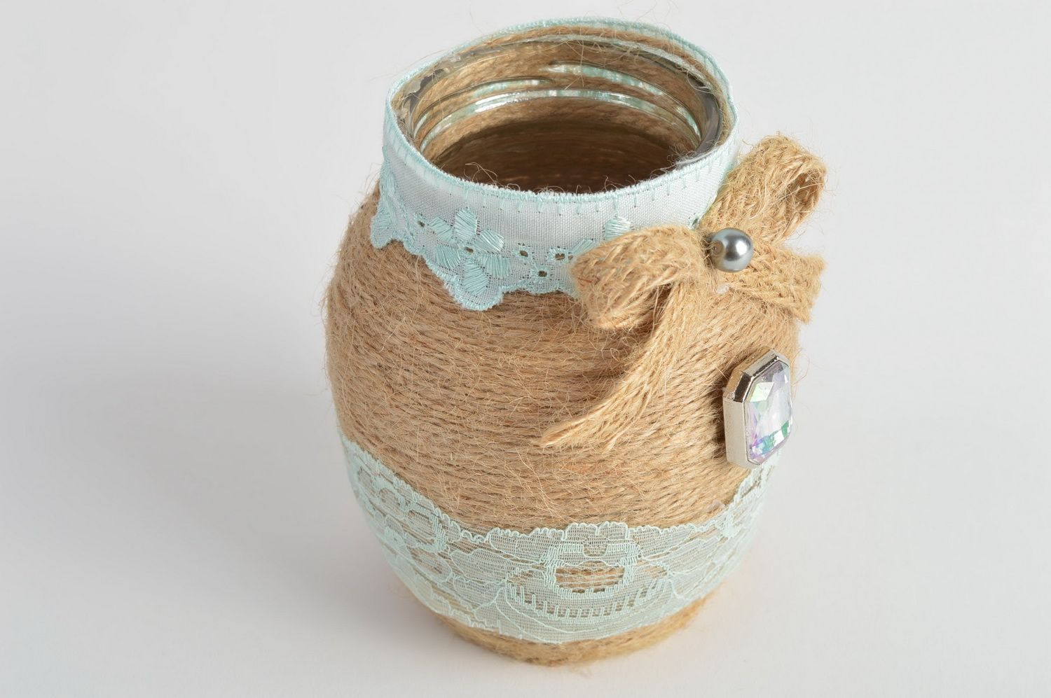 Petit vase en verre fait main en forme de pot en dentelle et ficelle 250 cl photo 3