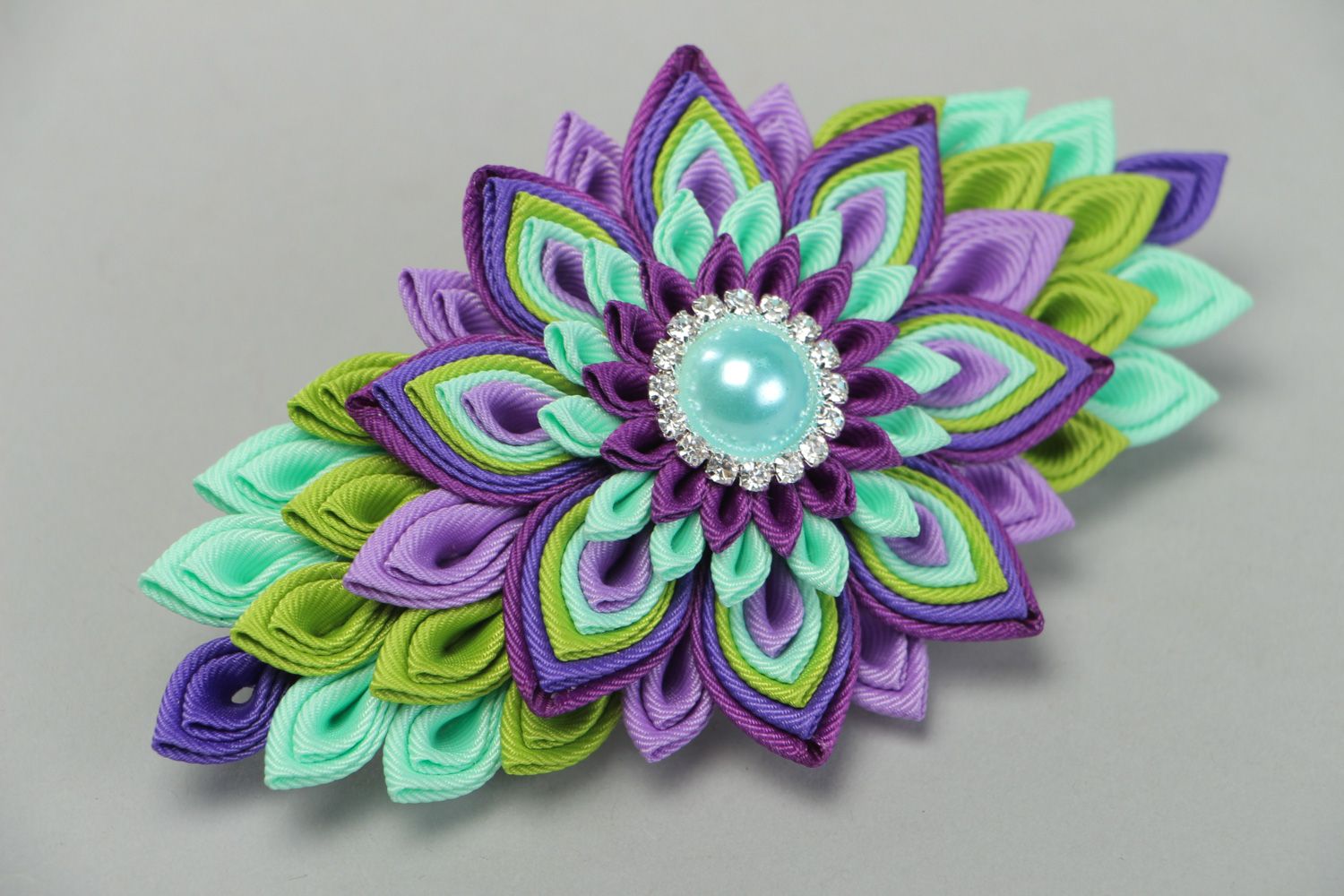 Handmade hair clip created of rep ribbons using kanzashi technique for women photo 1