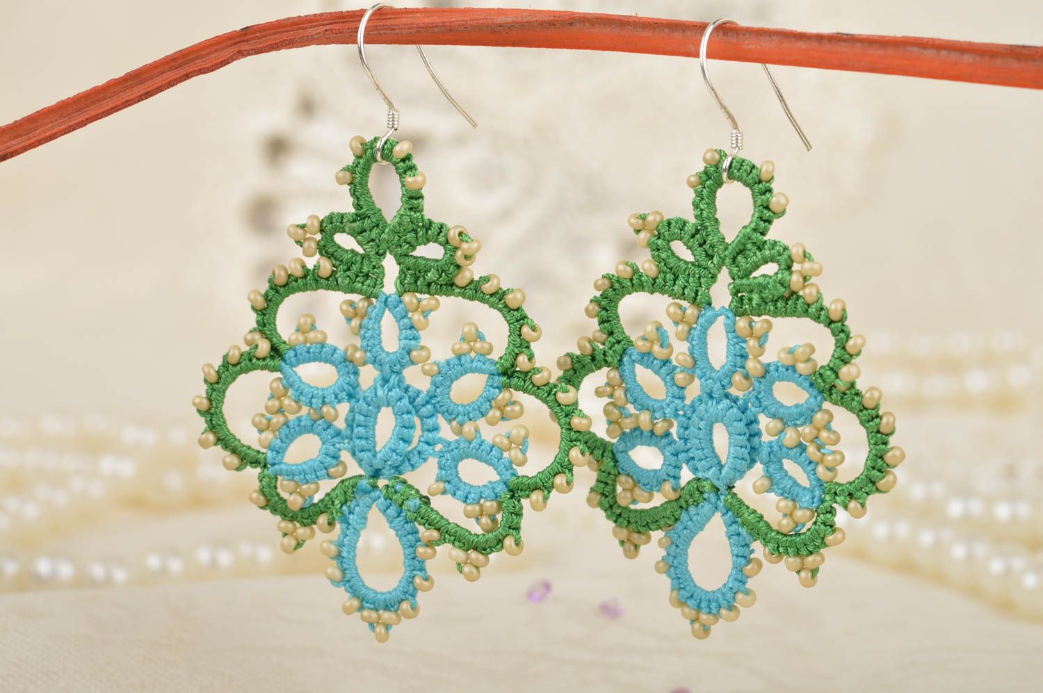 Handmade large lace drop tatted earrings woven of green and blue satin threads photo 3