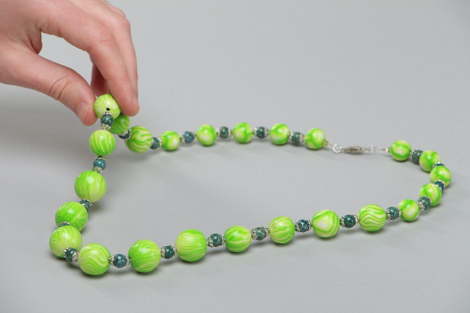 Handmade summer-like bright long polymer clay bead necklace of green color  photo 5