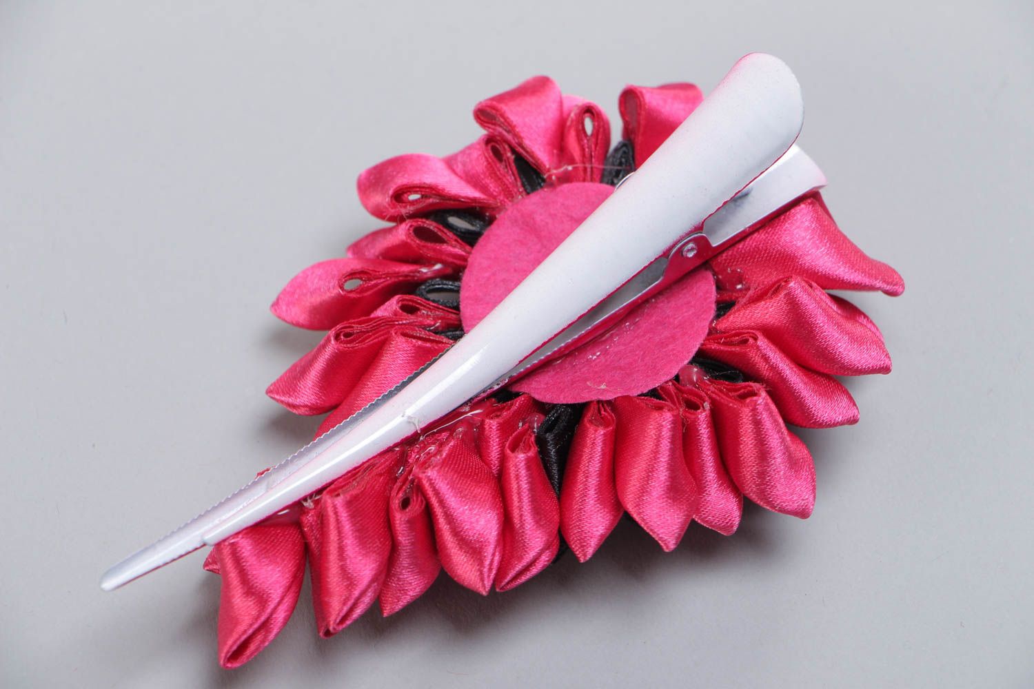 Large women's bright handmade satin ribbon flower hair clip photo 4