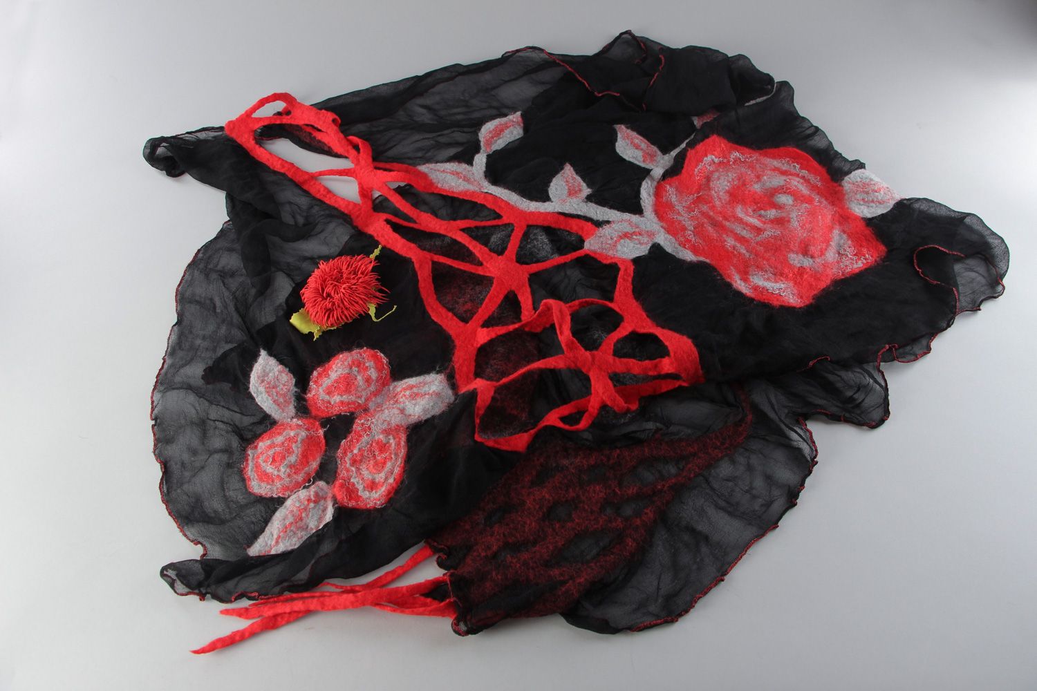 Handmade women's silk chiffon and wool shawl and brooch of black and red colors 2 items photo 1
