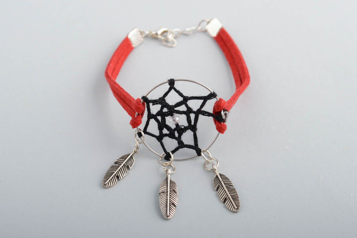 Handmade faux suede red cord woven wrist bracelet with dreamcatcher and charms photo 3