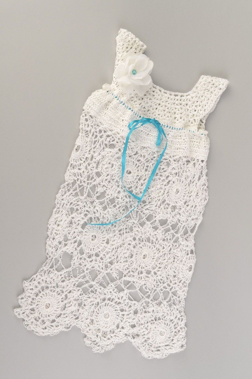 Handmade  elegant openwork crochet baby dress of white color made of acrylic yarns photo 2