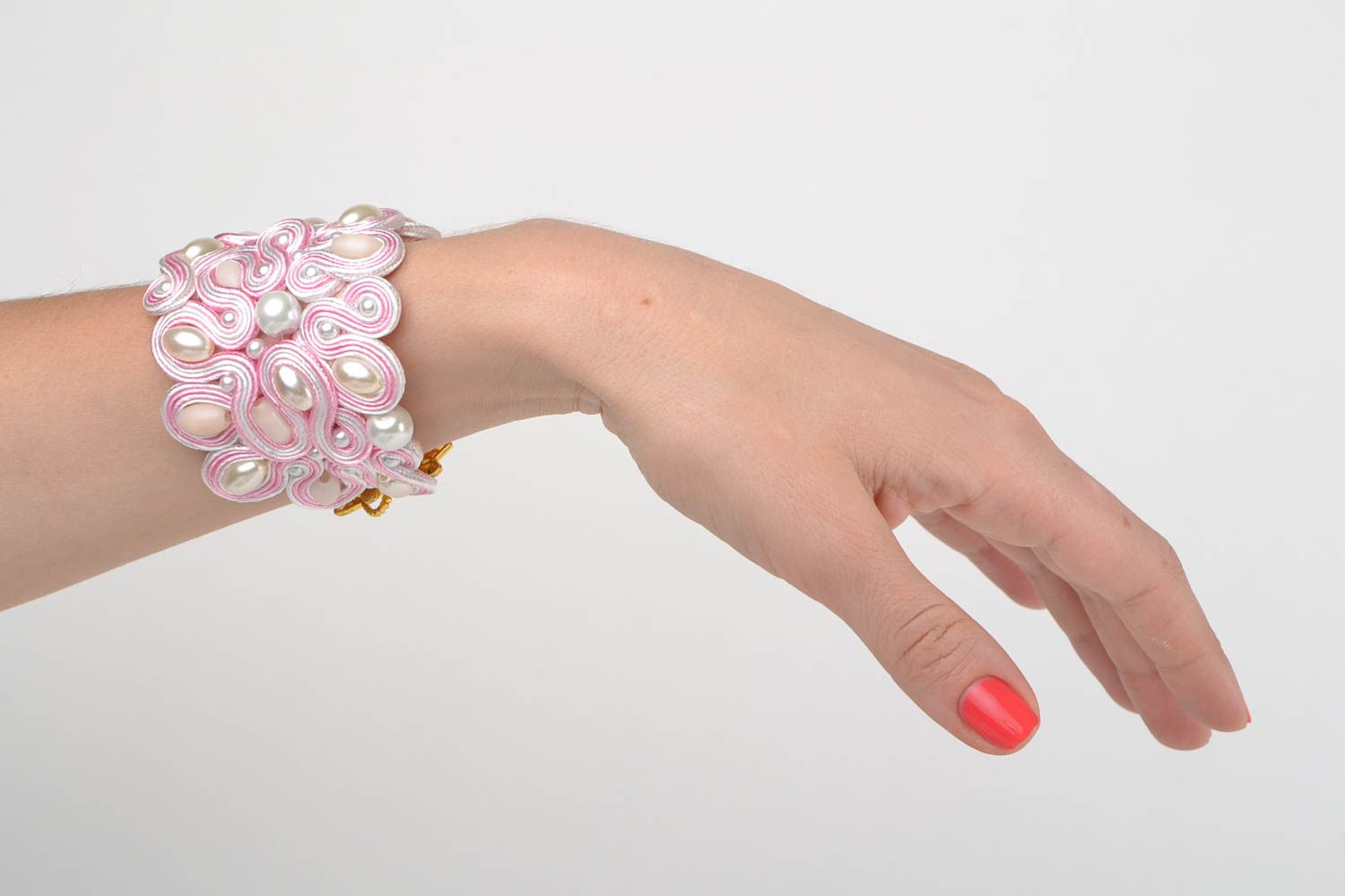 Pink handmade wide soutache wrist bracelet with cat's eye stone and beads photo 1