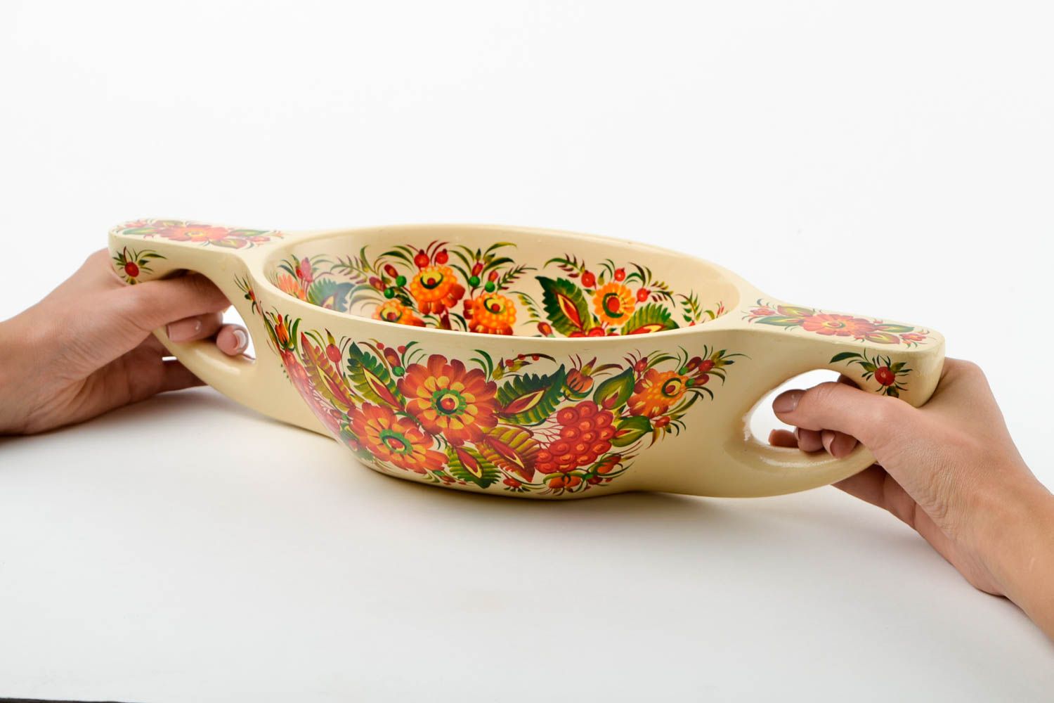 Bol avec 2 anses fait main Puisoir en bois peint motif floral Cadeau original photo 2