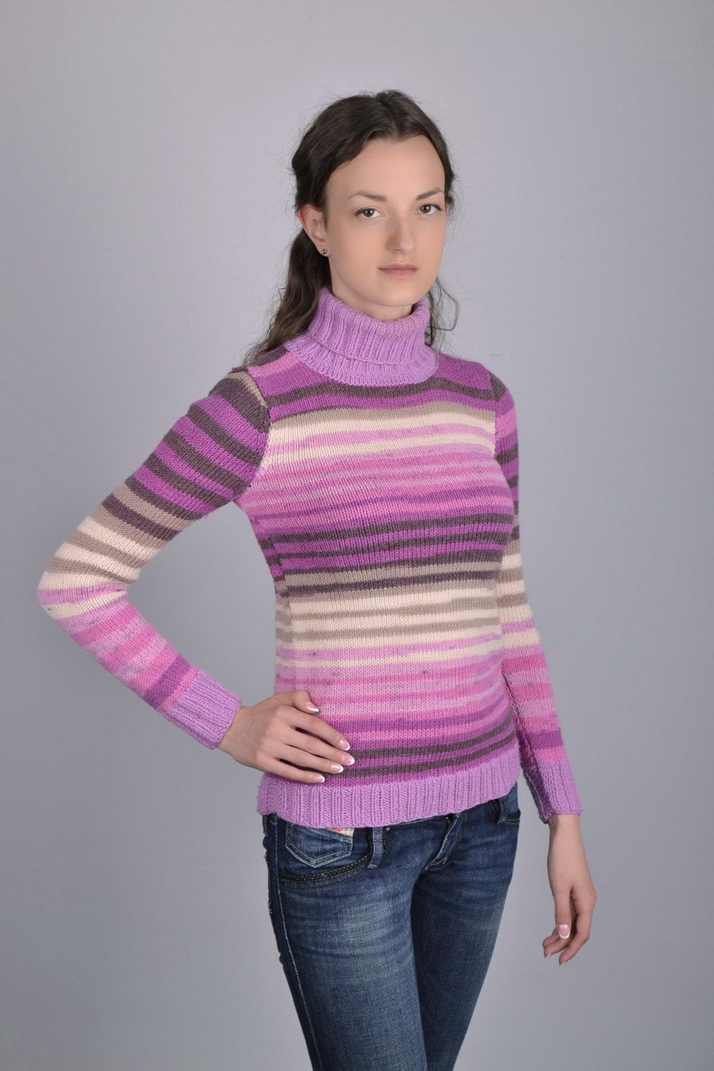 Pull en laine tricoté manches longues couleurs lilas photo 1