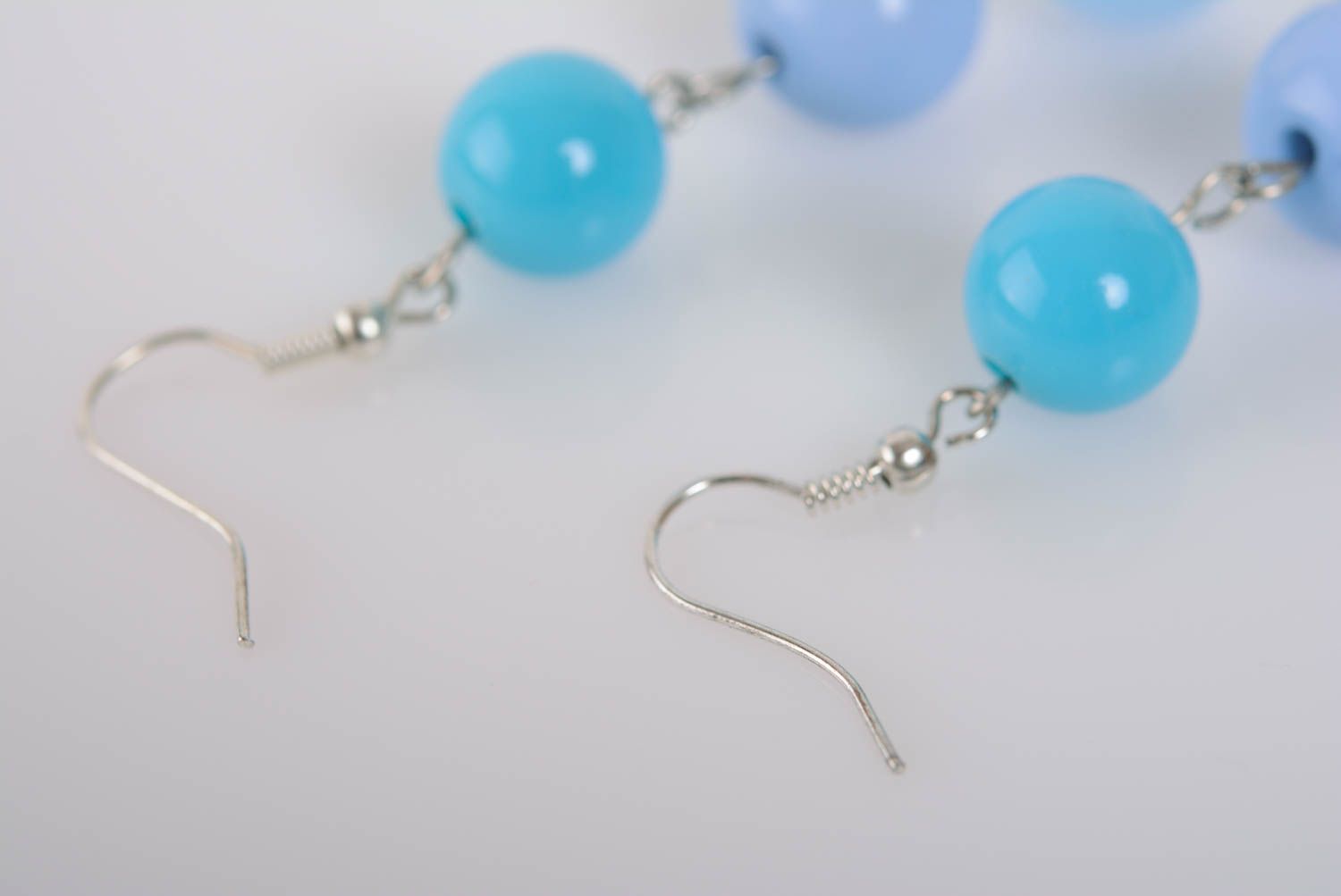 Handmade earrings with plastic beads in blue colors long designer accessory photo 4