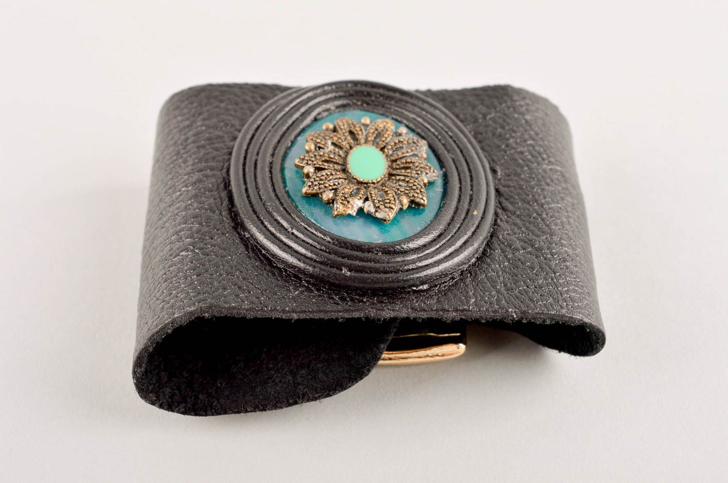 Bracelet Manchette noire Bijoux cuir pierre naturelle Accessoires mode femme photo 4