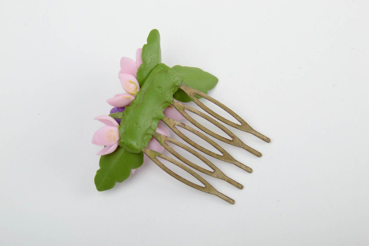 Handmade decorative hair comb with cold porcelain roses and lilac flowers photo 5