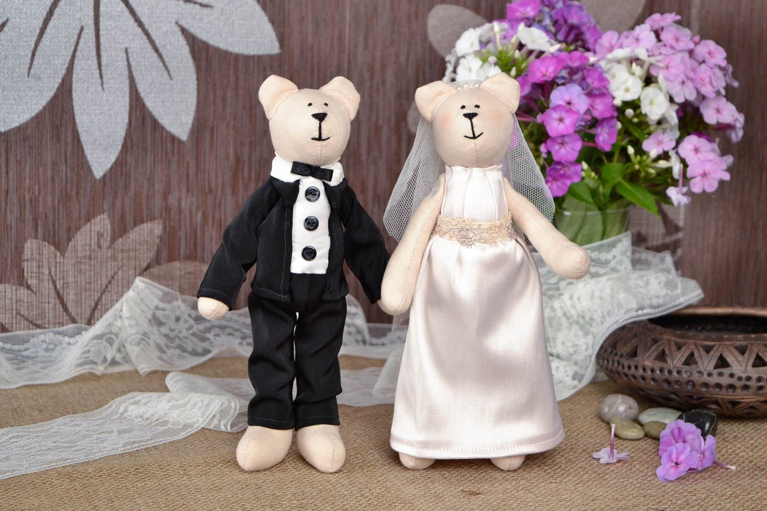 Peluches ours 2 Jouets fait main jaunes mariés en tissus Cadeau de mariage photo 1