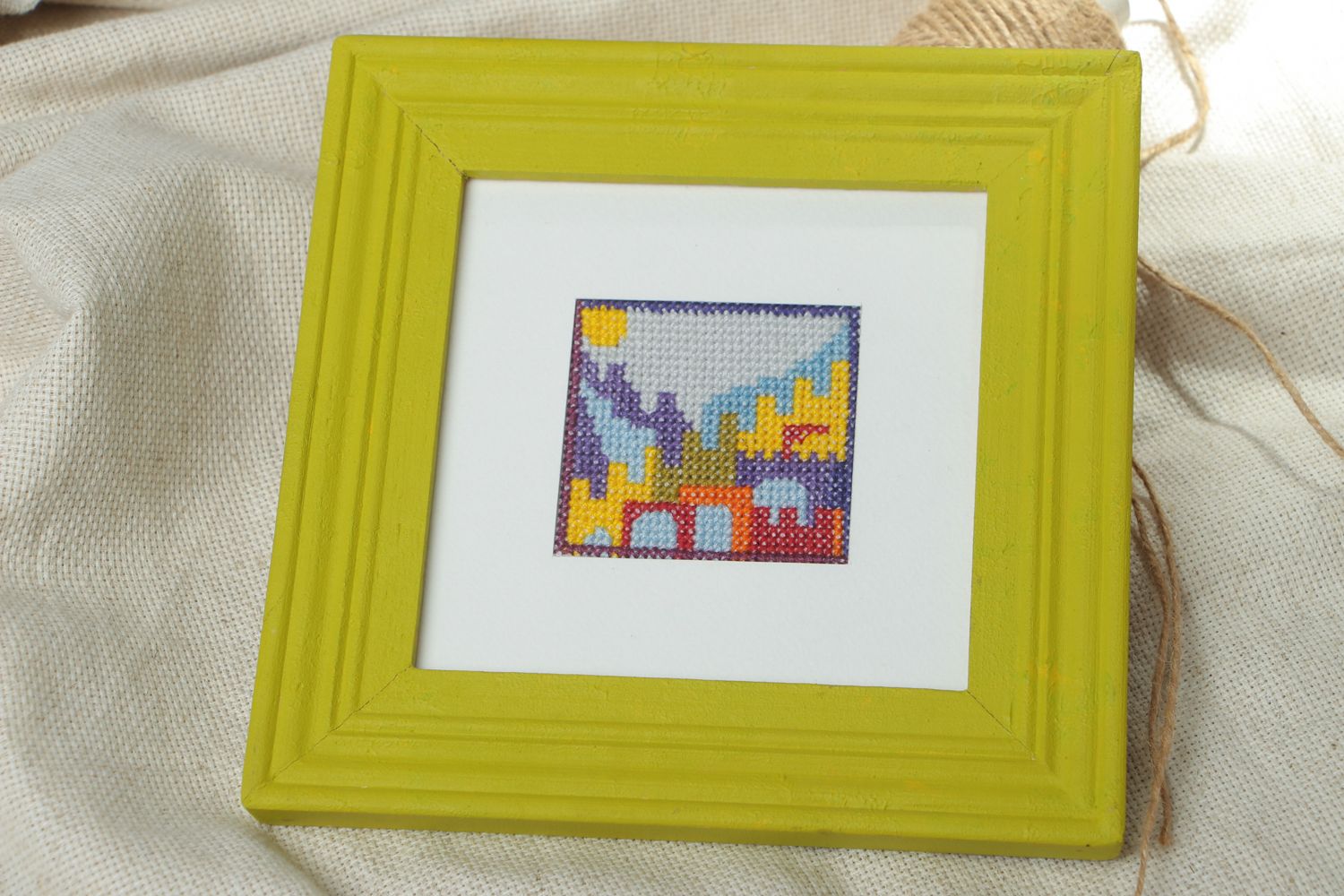 Handmade cross stitched painting in bright frame photo 5
