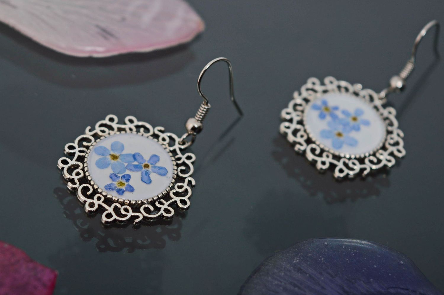 Vintage earrings with forget-me-not flowers coated with epoxy resin photo 1