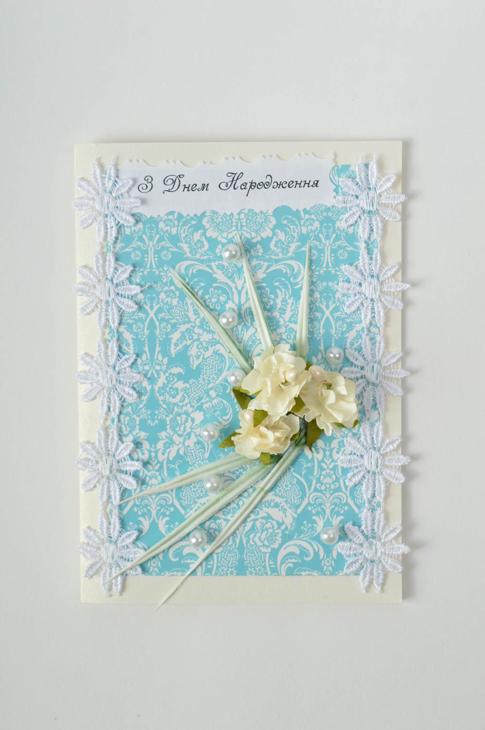 Carte de voeux faite main bleu ciel design avec fleurs Carterie originale photo 2